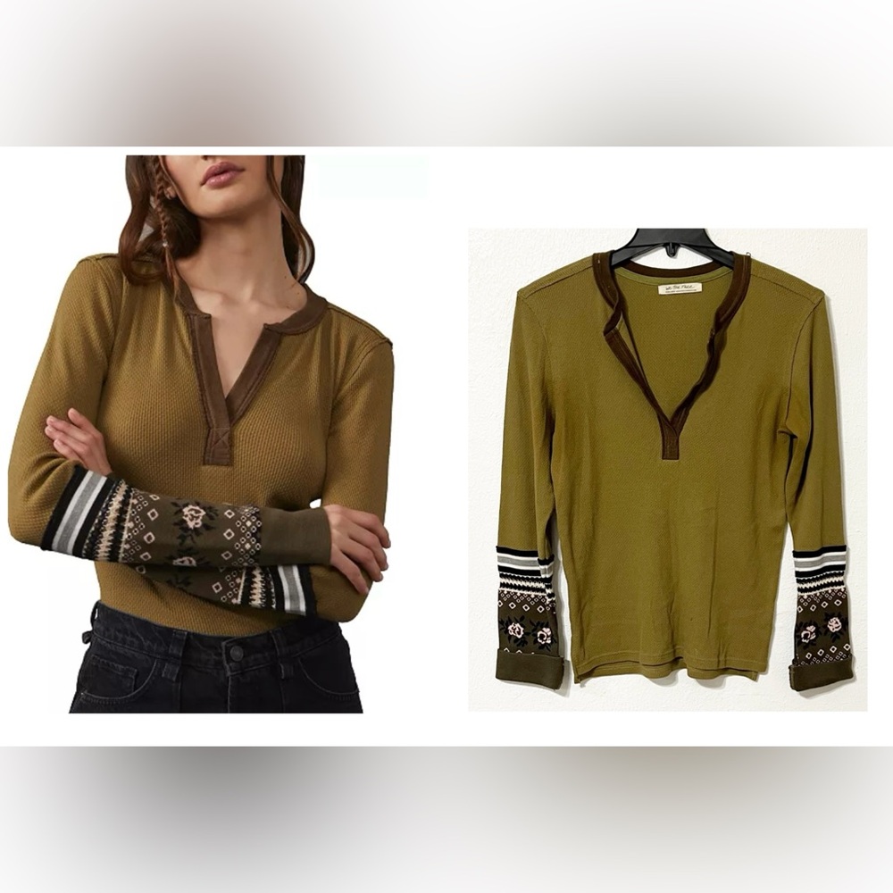 We The Free Free People Mikah Layering Cuff Knit Top Army Green V-Neck Sweater